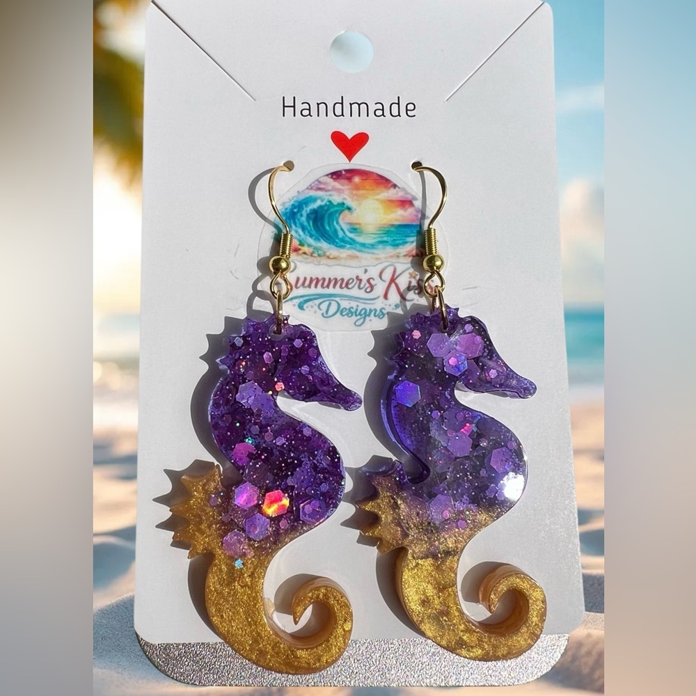Handmade resin Purple & Gold Seahorse Earrings